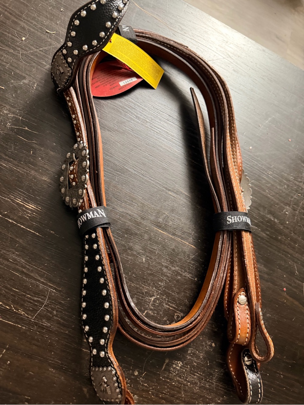 Showman Studded Leather Headstall Reins  Barrel Racer Conchos - Black & Brown